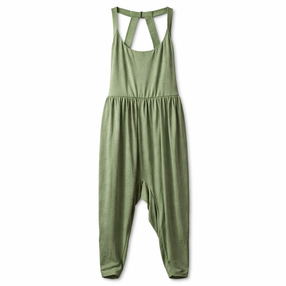 HALARA U-Neck Pocket Harem Balloon Leg Casual Easy Peezy Jumpsuit Sz L Green